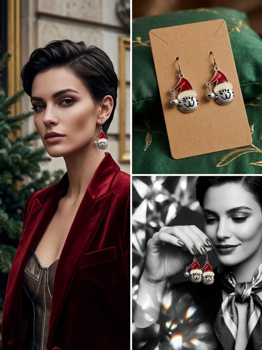 New Holiday Cat Face Santa Hat Dangle Earrings - Red and Silver